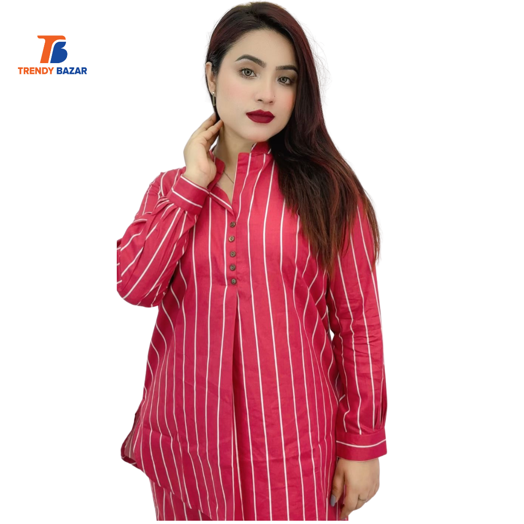 Classic Red Striped Casual Kurti Set