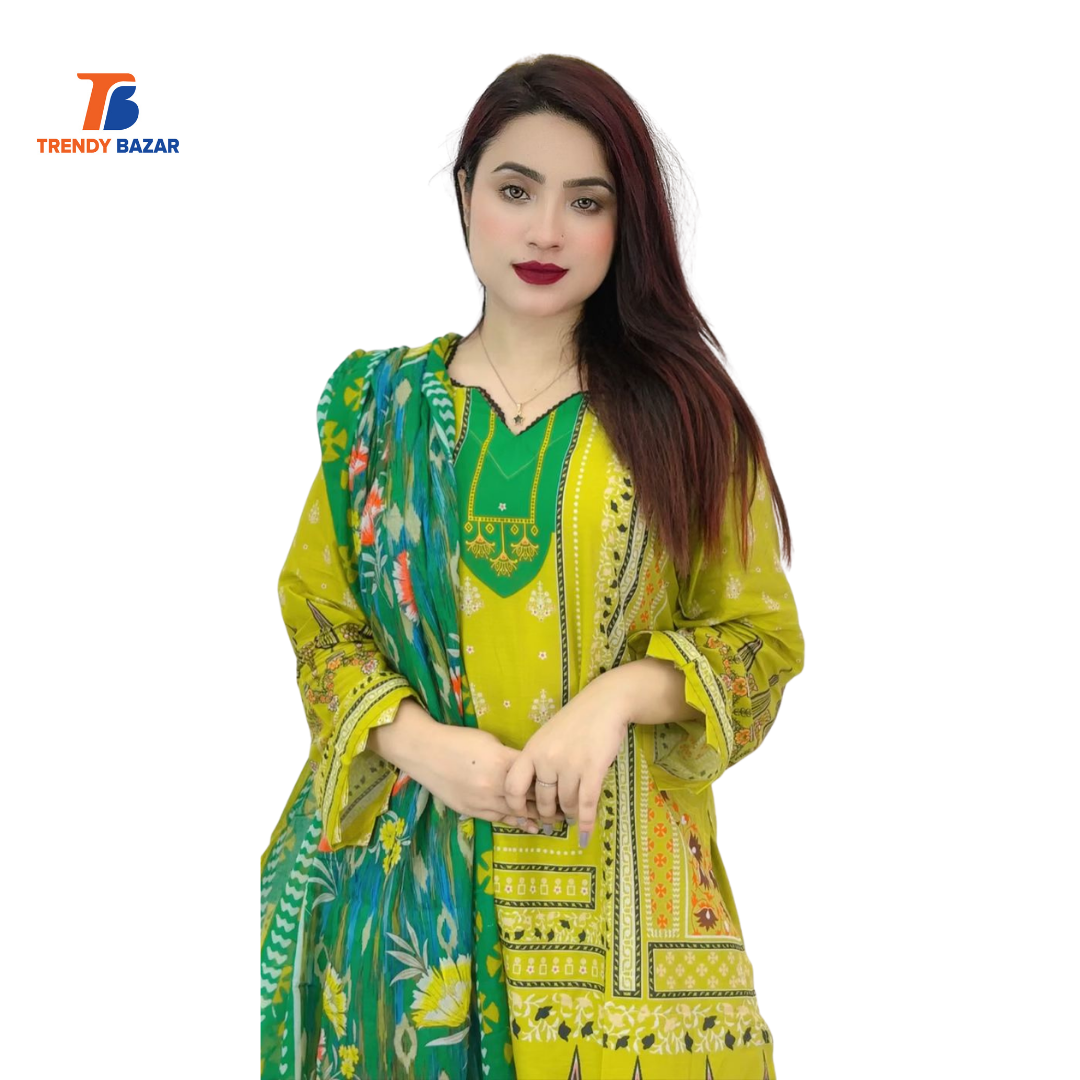 Yellow & Green Floral Embroidered Lawn Salwar Kameez Set