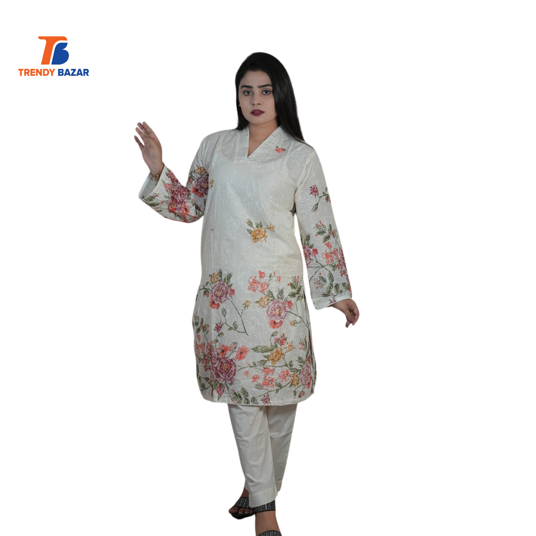 White Floral Printed Kurta Set